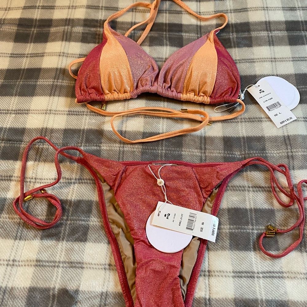PilyQ PQ Swim L color block top and Arcadia S bottoms NWT